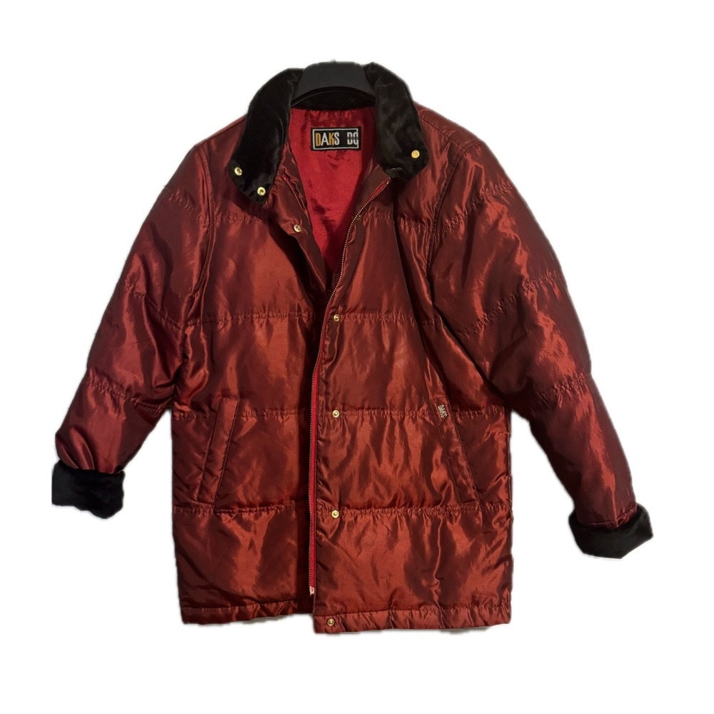 DAKS DC Puffer Coat Jacket Large Rust Sateen Quilted Faux Fur Trim